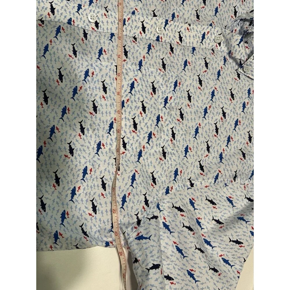 Johnston Murphy Men’s Large Shirt White Blue Geometric Shark Print Short Sleeve - Picture 11 of 11